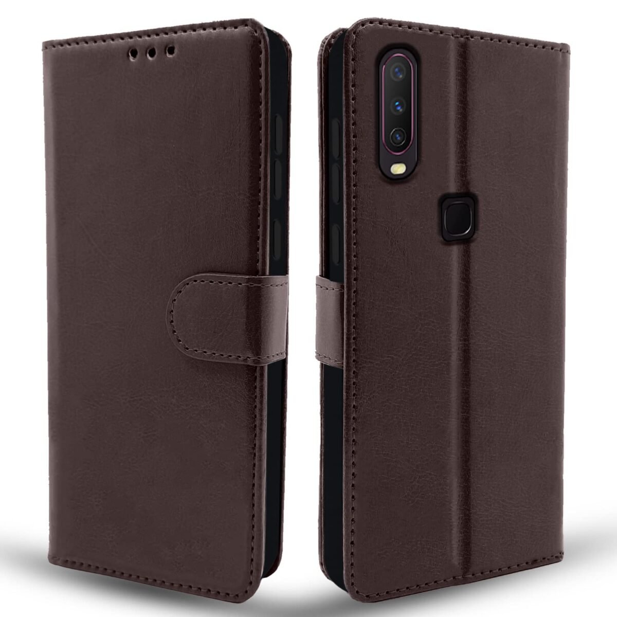 Vivo Y12 / Y15 /Y17 / U10 Flip Case Leather Finish | Inside TPU with Card Pockets | Wallet Stand and Shock Proof | Magnetic Closing | Complete Protection Flip Cover (Coffee)