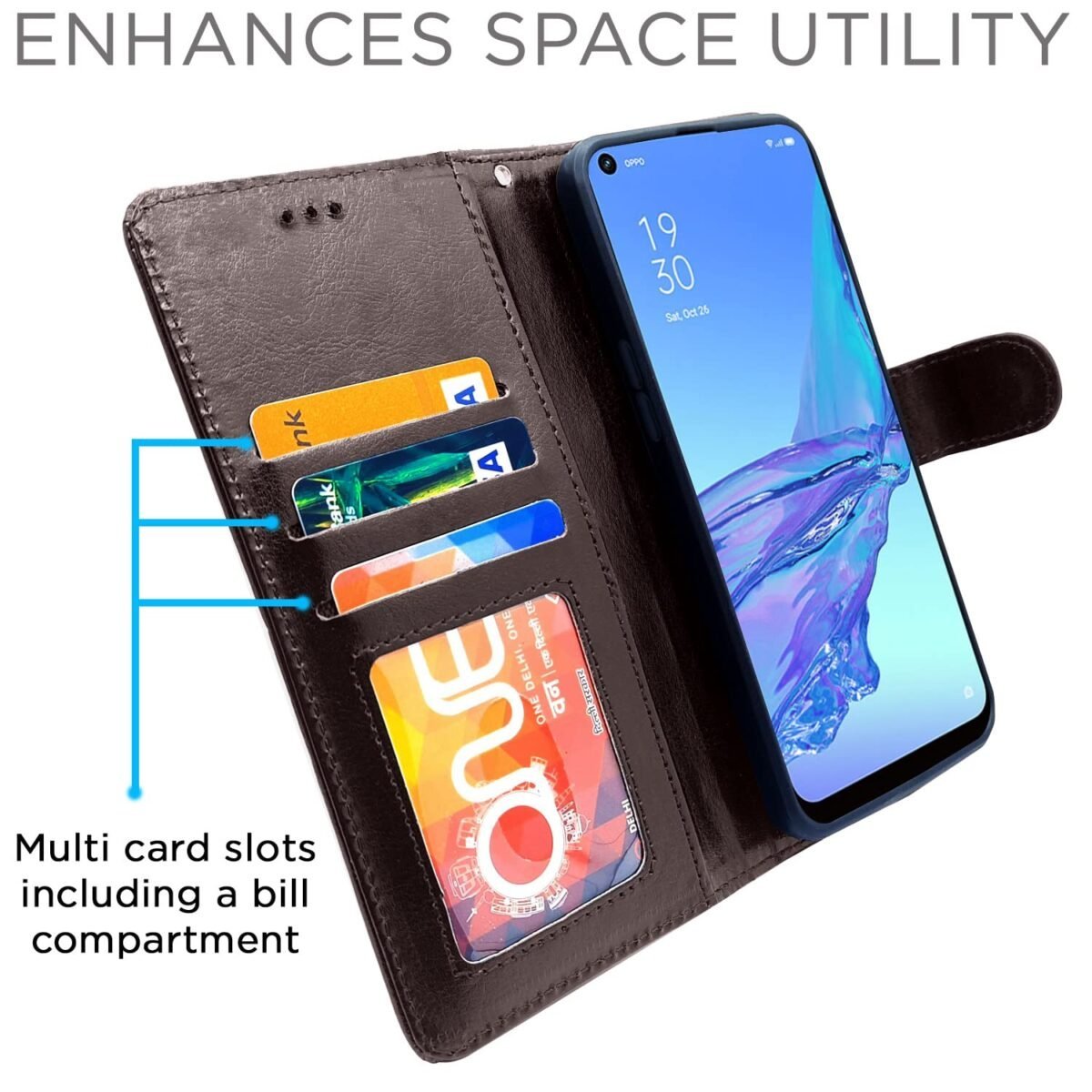 Oppo A53 Flip Case Leather Finish | Inside TPU with Card Pockets | Wallet Stand and Shock Proof | Magnetic Closing | Complete Protection Flip Cover for Oppo A53 (Coffee)