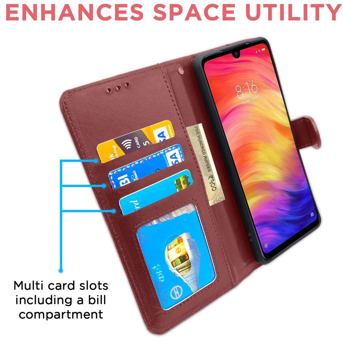 Flip Cover Leather Finish | Inside TPU with Card Pockets | Wallet Stand and Shock Proof | Complete Protection Flip Case for Redmi Note 7 Pro/Note 7 / Note 7s (Brown)