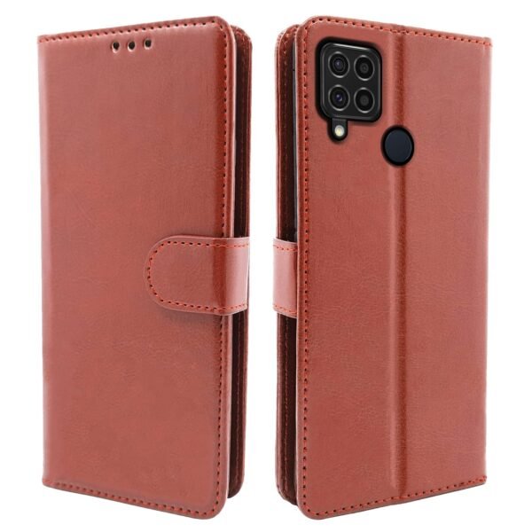 Realme C15 Flip Cover Magnetic Leather Wallet Case Shockproof TPU for Realme C15 (Brown)