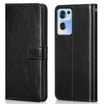 Shock Proof Flip Cover Back Case Cover for Oppo Reno 7 5G (Flexible | Leather Finish | Card Pockets Wallet & Stand | Black)