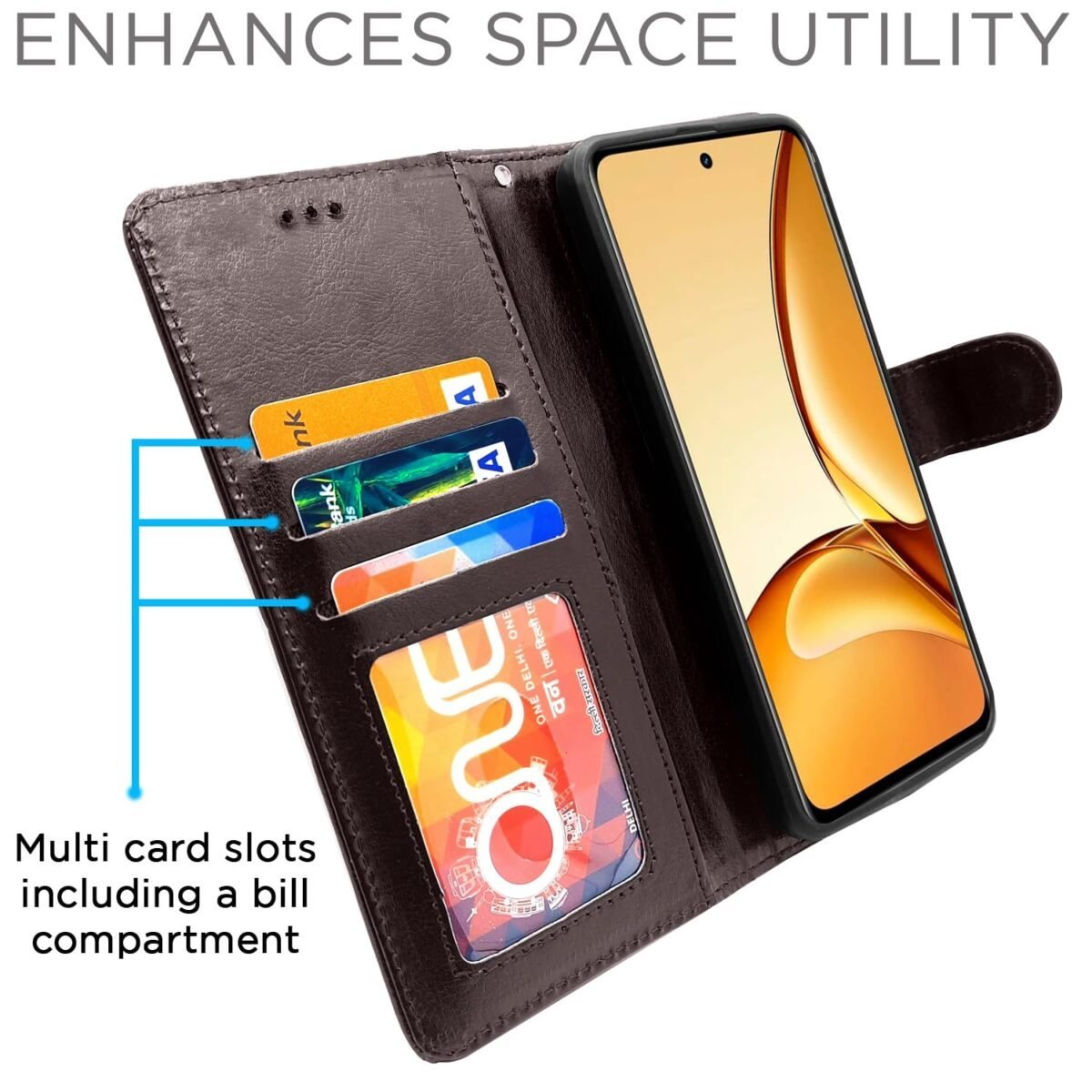 Flip Cover Leather Finish | Inside TPU with Card Pockets | Wallet Stand and Shock Proof | Complete Protection Flip Case for Realme C63 5G (Coffee)