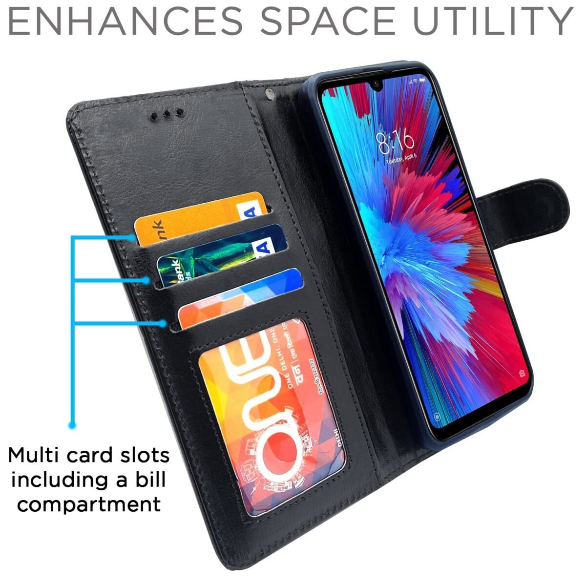 Flip Cover Leather Finish | Inside TPU with Card Pockets | Wallet Stand and Shock Proof | Complete Protection Flip Case for Redmi Note 7 Pro/Note 7 / Note 7s (Black)