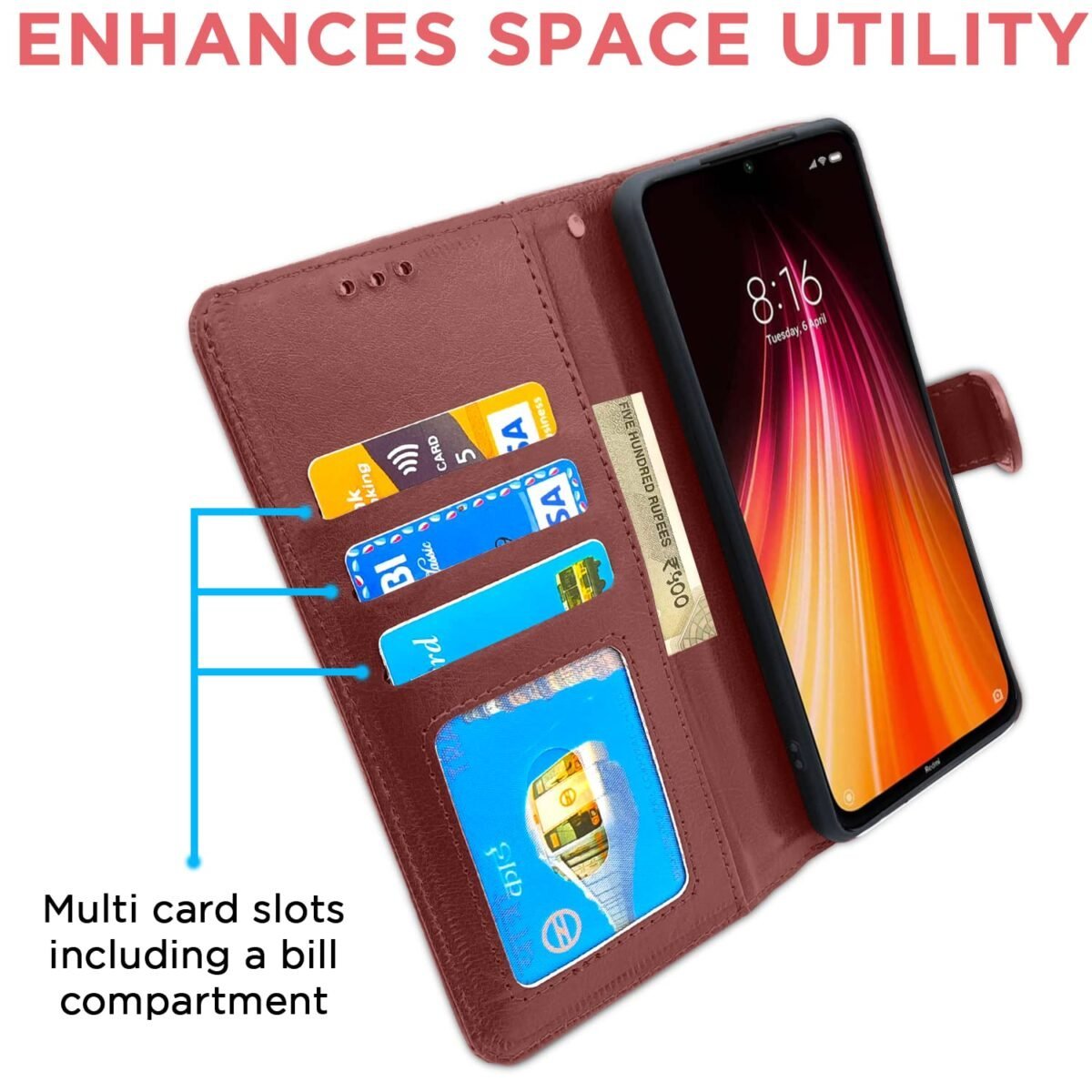 Redmi Note 8 Flip Cover Case | Leather Finish | Wallet Stand | Shock Proof | 360 Degree Complete Protection Flip Cover for Xiaomi Redmi Note 8 (Brown)