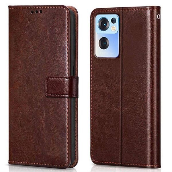 Shock Proof Flip Cover Back Case Cover for Oppo Reno 7 5G (Flexible | Leather Finish | Card Pockets Wallet & Stand | Chestnut Brown)