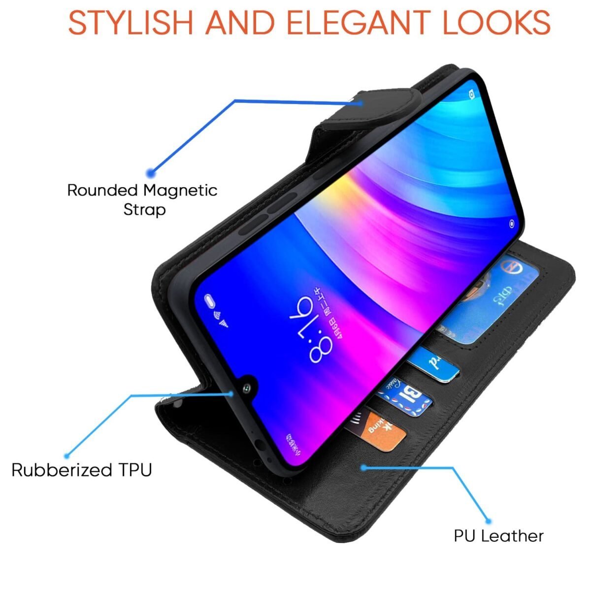 Redmi 7 / Y3 Flip Cover Leather Finish | Inside TPU with Card Pockets | Wallet Stand and Shock Proof | Complete Protection Flip Case (Black)