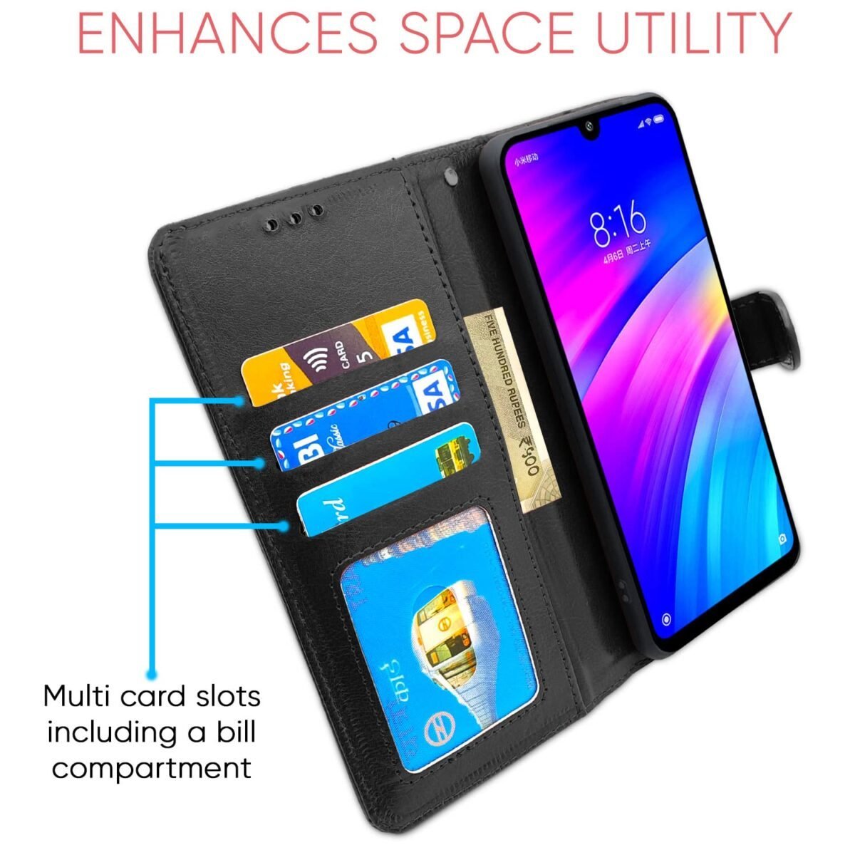 Redmi 7 / Y3 Flip Cover Leather Finish | Inside TPU with Card Pockets | Wallet Stand and Shock Proof | Complete Protection Flip Case (Black)