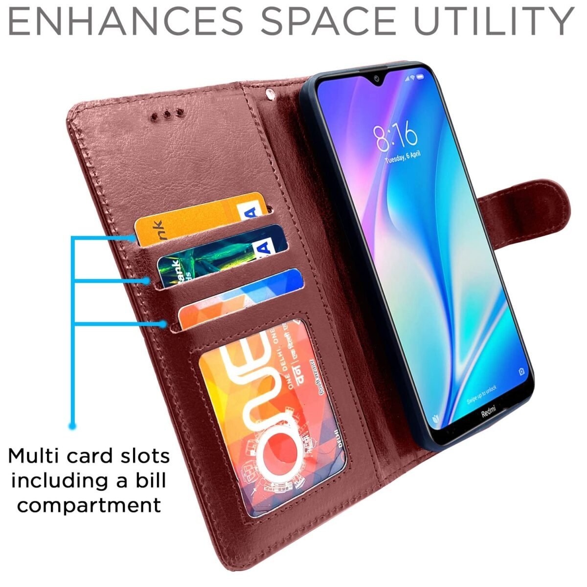 Mi Redmi 8A Dual Flip Case Leather Finish | Inside TPU with Card Pockets | Wallet Stand and Shock Proof | Magnetic Closing | Complete Protection Flip Cover for Mi Redmi 8A Dual (Coffee)