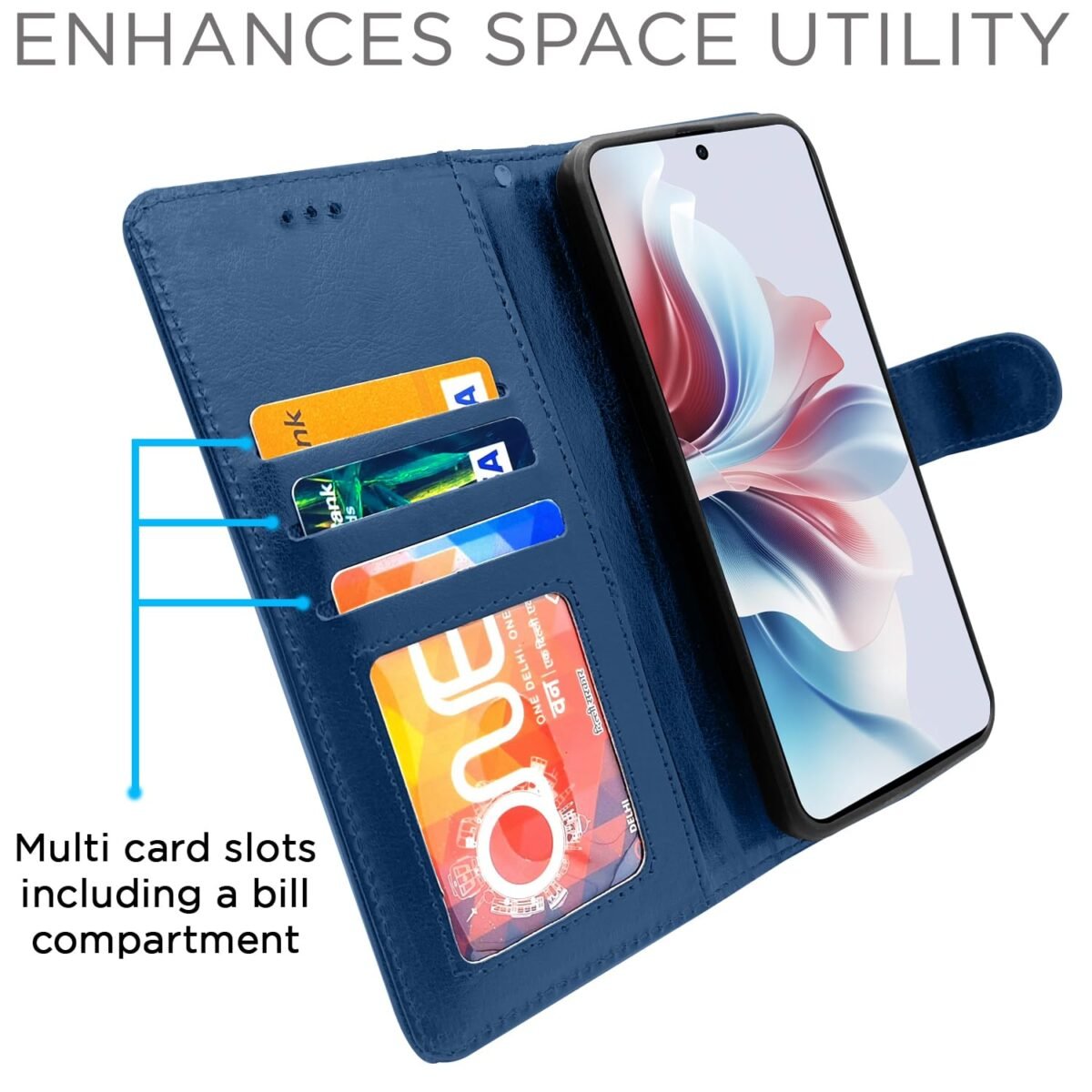 Oppo F25 Pro 5G Flip Cover Leather Finish | Inside TPU with Card Pockets | Wallet Stand and Shock Proof | Complete Protection Flip Case (Blue)