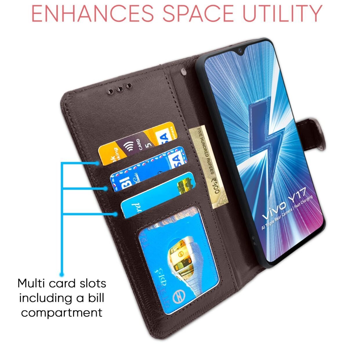 Vivo Y12 / Y15 /Y17 / U10 Flip Case Leather Finish | Inside TPU with Card Pockets | Wallet Stand and Shock Proof | Magnetic Closing | Complete Protection Flip Cover (Coffee)