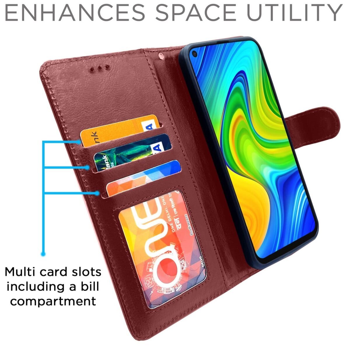 Redmi Note 9 Flip Cover Magnetic Leather Wallet Case Shockproof TPU for Redmi Note 9 (Brown)