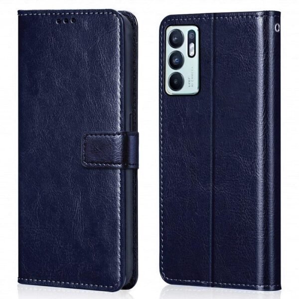 Shock Proof Flip Cover Back Case Cover for Oppo Reno 6 5G (Flexible | Leather Finish | Card Pockets Wallet & Stand | Blue)