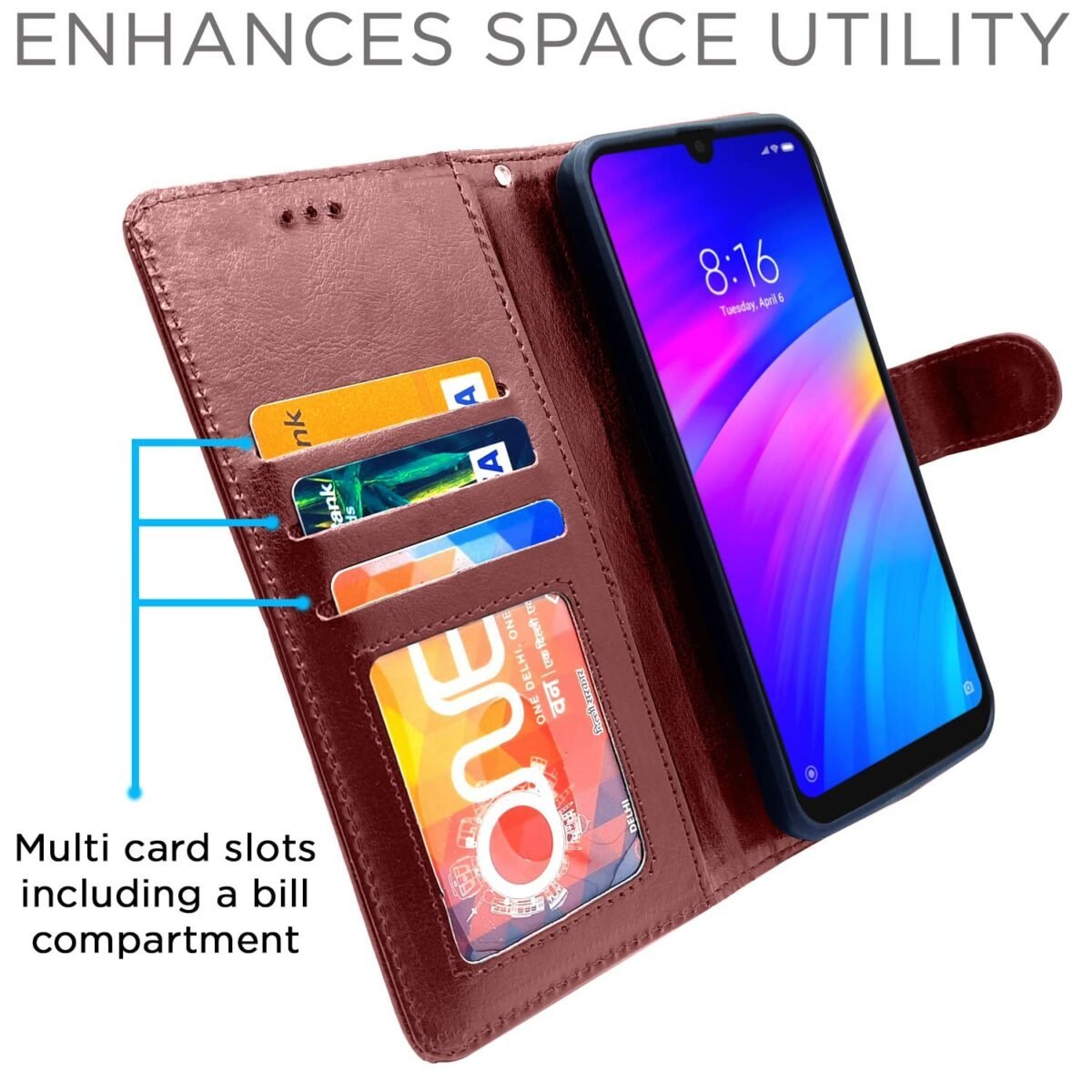 Redmi 7 / Y3 Flip Cover Leather Finish | Inside TPU with Card Pockets | Wallet Stand and Shock Proof | Complete Protection Flip Case (Brown)