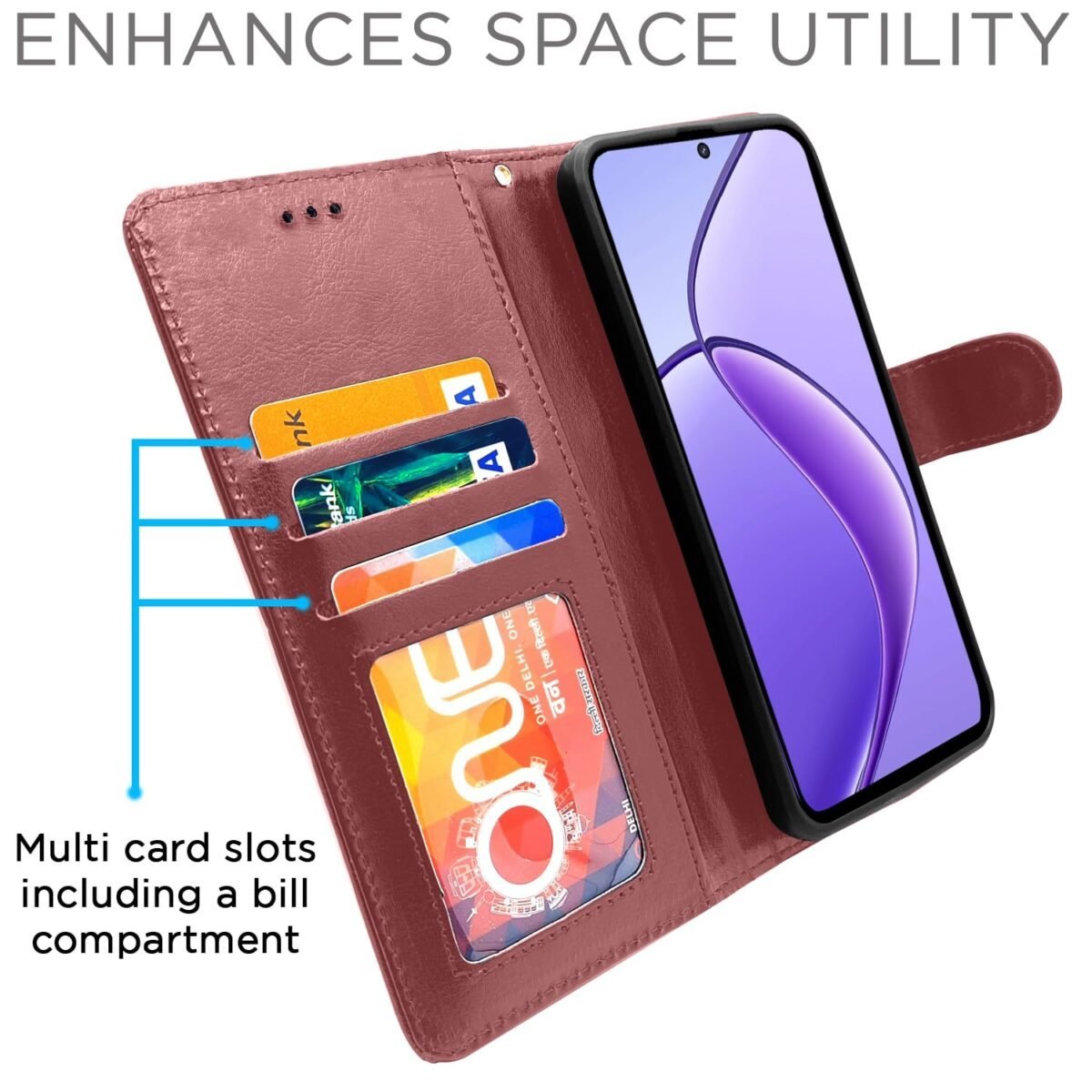 Flip Cover Leather Finish | Inside TPU with Card Pockets | Complete Protection Flip for Realme Narzo 70x 5G / N65 / Realme 13/12/12X 5G/C65 (Brown)