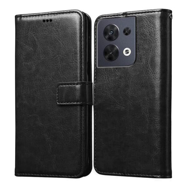 Flip Cover for Oppo Reno8 5G | Premium Leather Finish | Inbuilt Pockets & Stand | Flip Case for Oppo Reno8 5G (Black)