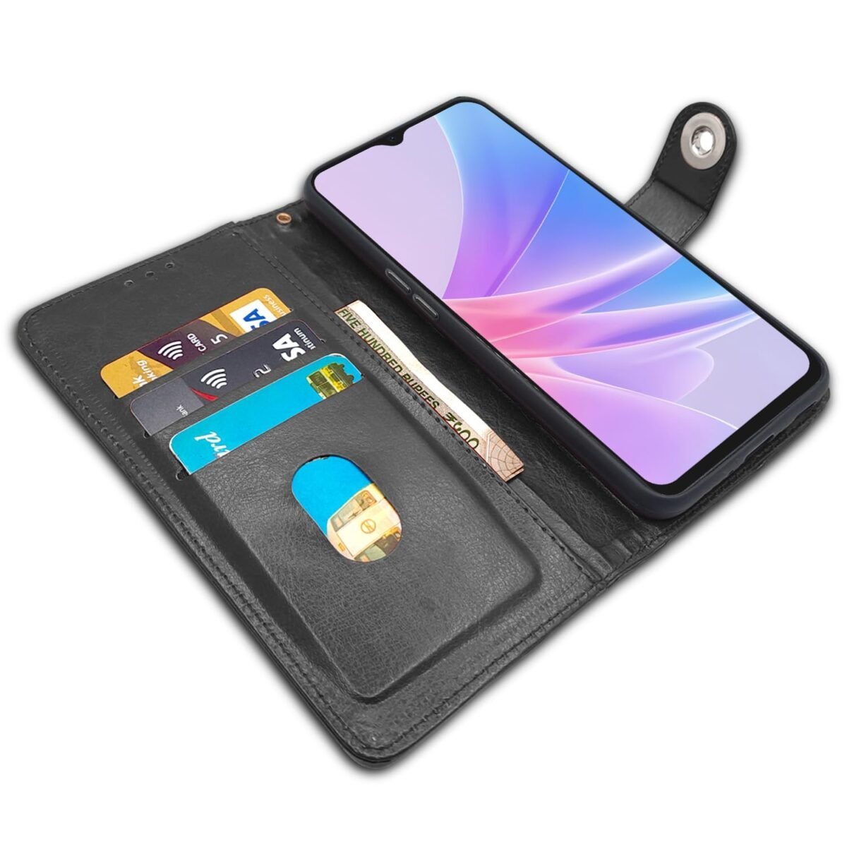 Oppo A78 5G Flip Cover Leather Finish | Inside TPU with Card Pockets | Wallet Stand and Shock Proof | Complete Protection Flip Case (Button Black)