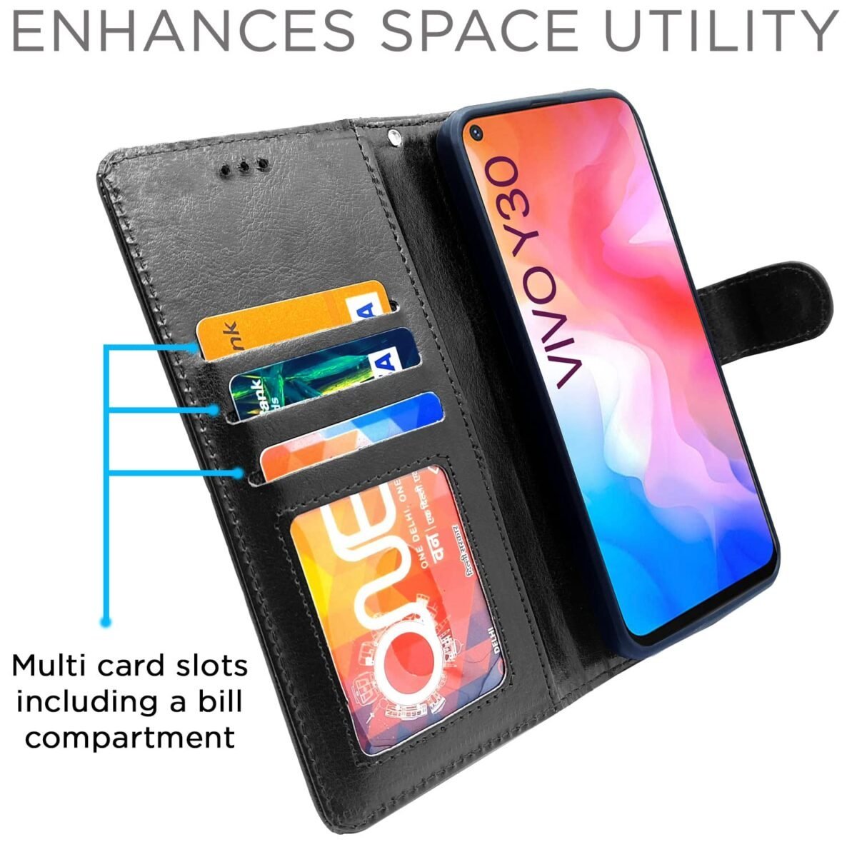 Vivo Y30 Flip Case Leather Finish | Inside TPU with Card Pockets | Wallet Stand and Shock Proof | Magnetic Closing | Complete Protection Flip Cover for Vivo Y30 (Black)