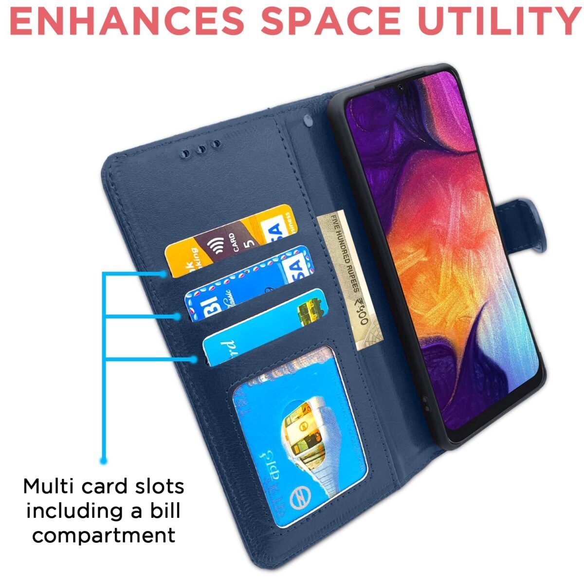 Samsung Galaxy A70 / A70s Flip Case Leather Finish | Inside TPU with Card Pockets | Wallet Stand and Shock Proof | Magnetic Closing | Complete Protection Flip Cover (Blue)