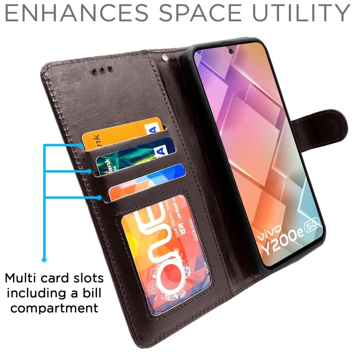 Vivo T3 5G / Vivo Y200e 5G Flip Cover Leather Finish | Inside TPU with Card Pockets | Wallet Stand and Shock Proof | Complete Protection Flip Case (Coffee)