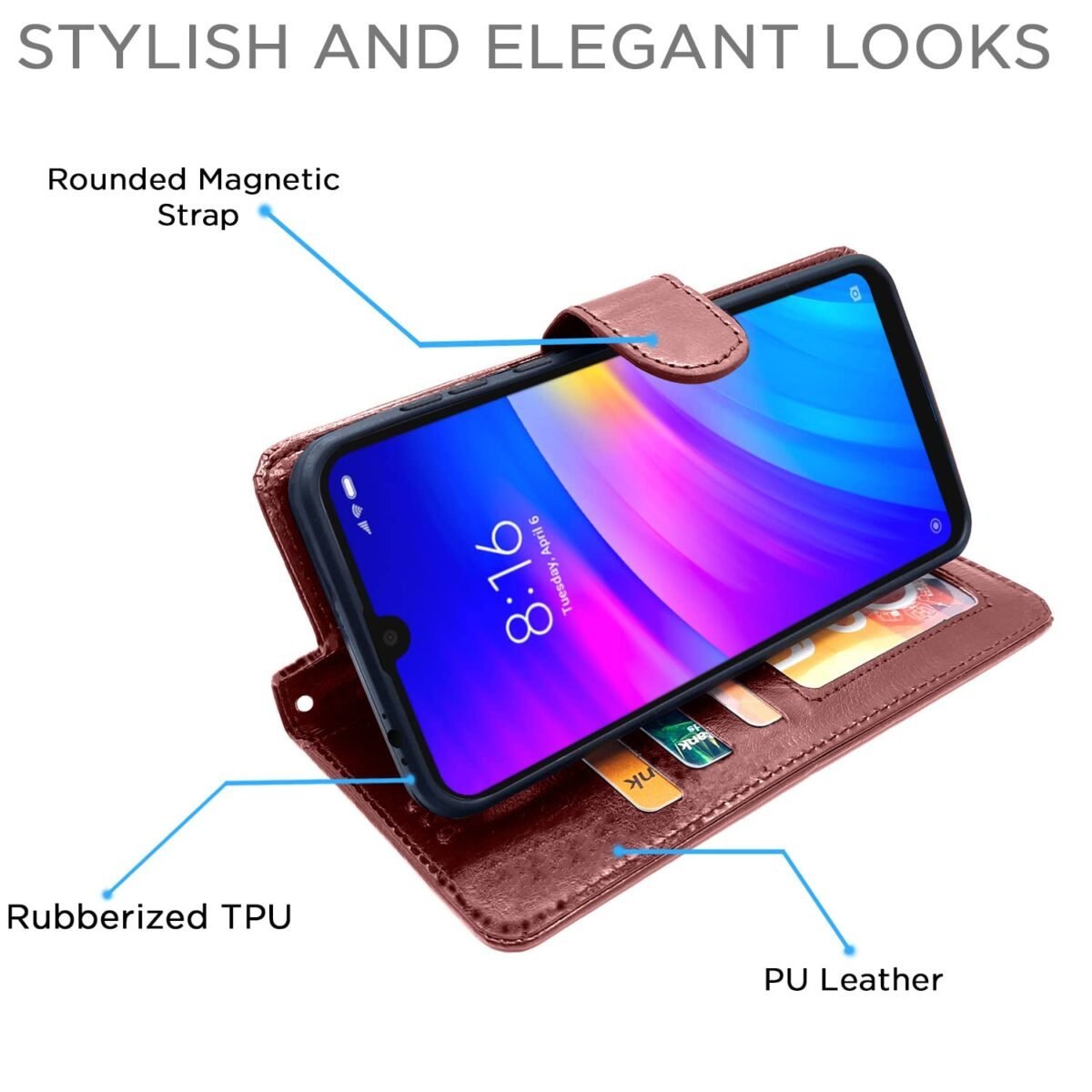 Redmi 7 / Y3 Flip Cover Leather Finish | Inside TPU with Card Pockets | Wallet Stand and Shock Proof | Complete Protection Flip Case (Brown)