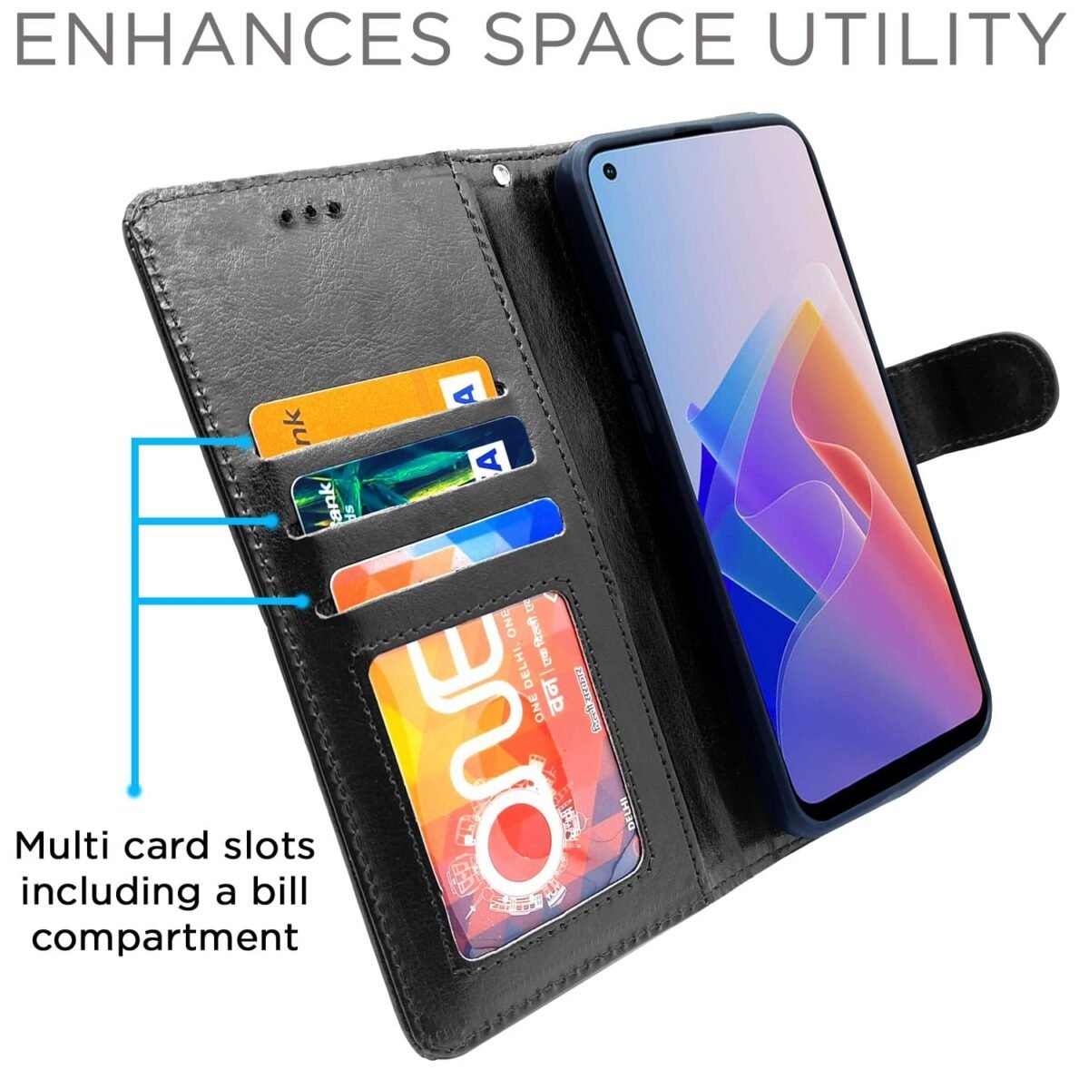 Oppo F21 Pro 5G Flip Case Leather Finish | Inside TPU with Card Pockets | Wallet Stand and Shock Proof | Magnetic Closing | Complete Protection Flip Cover (Black)