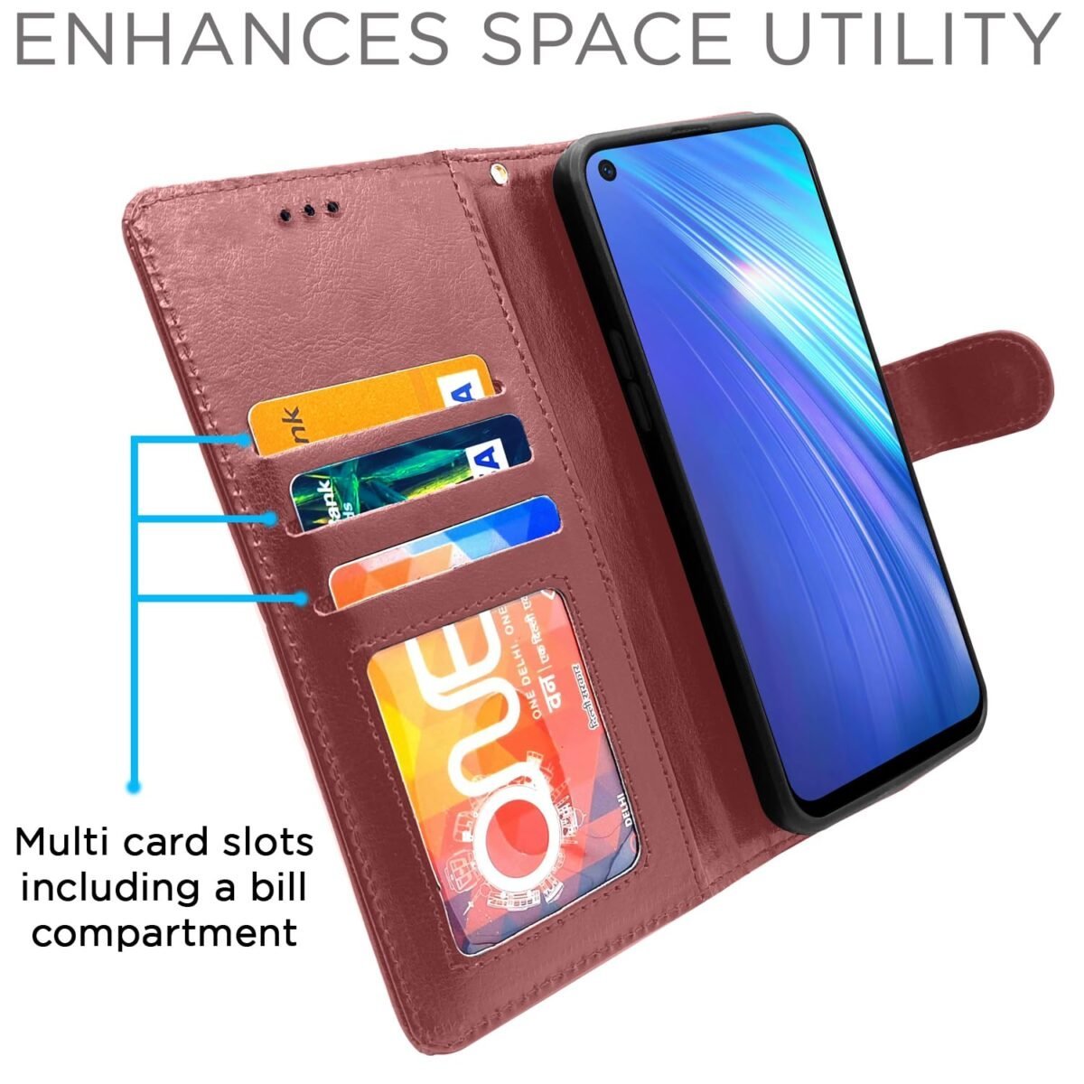 Realme 6 Flip Case Leather Finish | Inside TPU with Card Pockets | Wallet Stand and Shock Proof | Magnetic Closing | Complete Protection Flip Cover for Realme 6 (Brown)