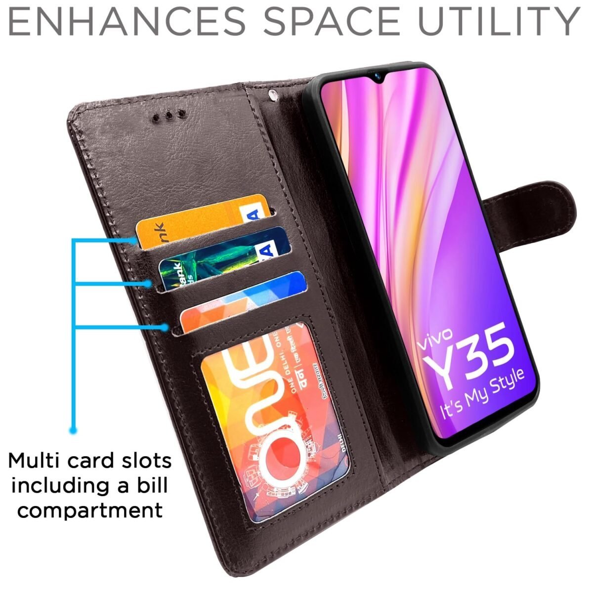 Vivo Y35 Flip Case Leather Finish | Inside TPU with Card Pockets | Wallet Stand and Shock Proof | Magnetic Closing | Complete Protection Flip Cover for Vivo Y35 (Coffee)