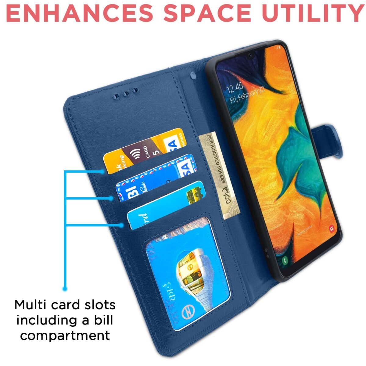 Samsung Galaxy A30 / A20 / M10s Flip Case Leather Finish | Inside TPU with Card Pockets | Wallet Stand and Shock Proof | Magnetic Closing | Complete Protection Flip Cover (Blue)