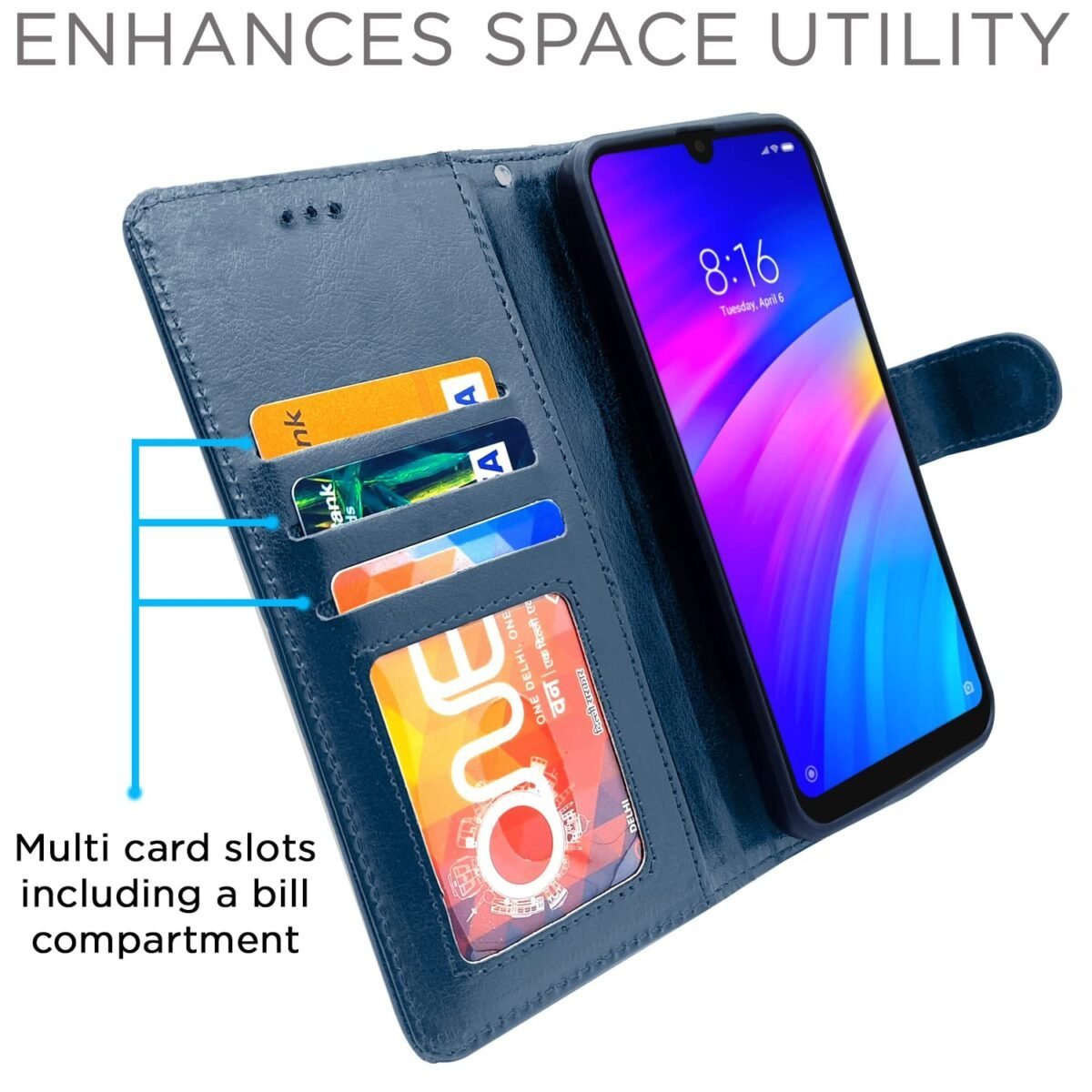 Redmi 7 / Y3 Flip Cover Leather Finish | Inside TPU with Card Pockets | Wallet Stand and Shock Proof | Complete Protection Flip Case (Blue)