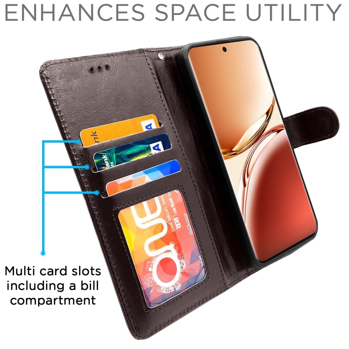 Flip Cover Leather Finish | Inside TPU with Card Pockets | Wallet Stand and Shock Proof | Complete Protection Flip Case for Oppo F27 Pro Plus 5G (Coffee)