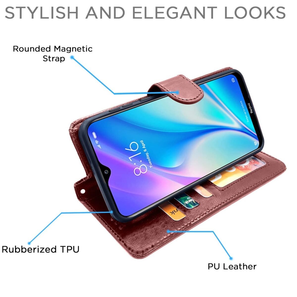 Mi Redmi 8A Dual Flip Case Leather Finish | Inside TPU with Card Pockets | Wallet Stand and Shock Proof | Magnetic Closing | Complete Protection Flip Cover for Mi Redmi 8A Dual (Coffee)