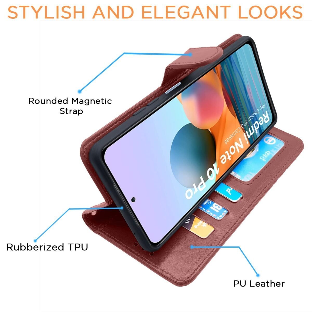 Mi Redmi Note 10 Pro/Note 10 Pro Max Flip Case | Vintage Leather Finish | Inside TPU | Wallet Stand | Magnetic Closing | Flip Cover for Mi Redmi Note 10 Pro/Note 10 Pro Max (Brown)