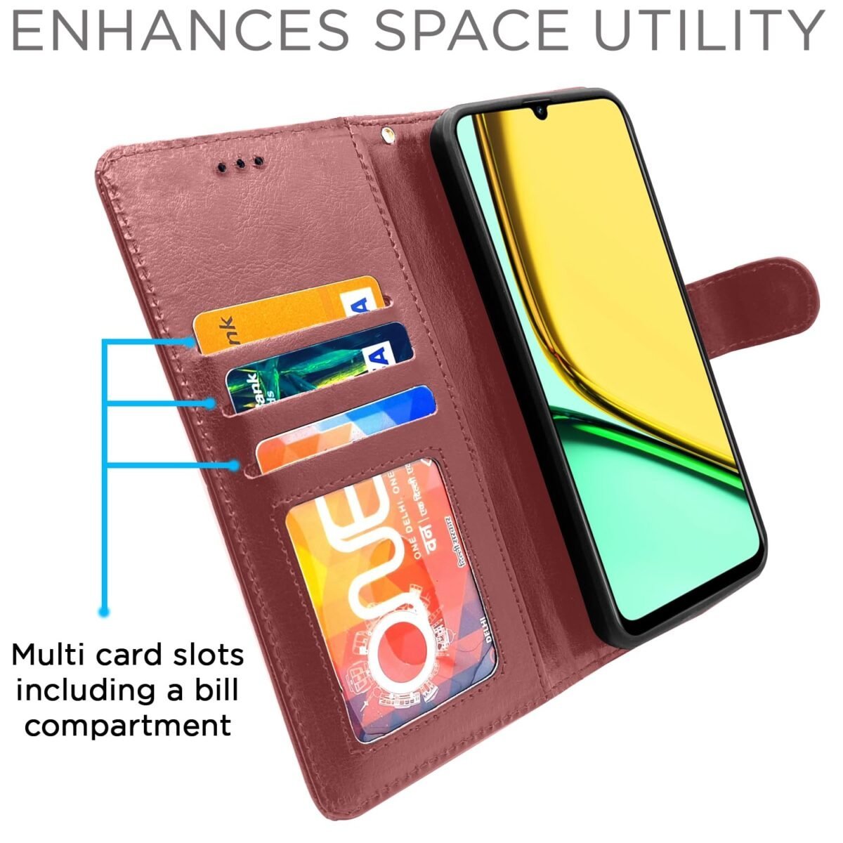 Flip Cover Leather Finish | Inside TPU with Card Pockets | Wallet Stand and Shock Proof | Complete Protection Flip Case for Realme C61 / Realme Narzo N61 (Brown)