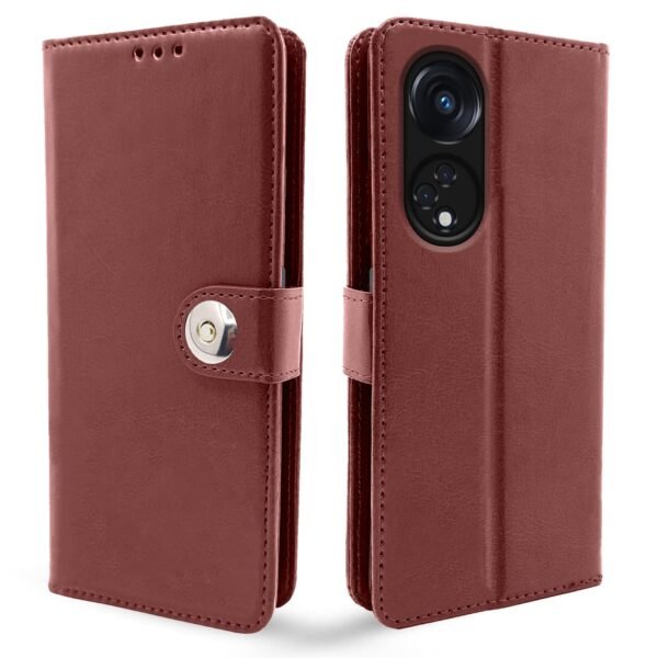 Oppo Reno 8T 5G Flip Cover Leather Finish | Inside TPU with Card Pockets | Wallet Stand and Shock Proof | Complete Protection Button Flip Case (Brown)