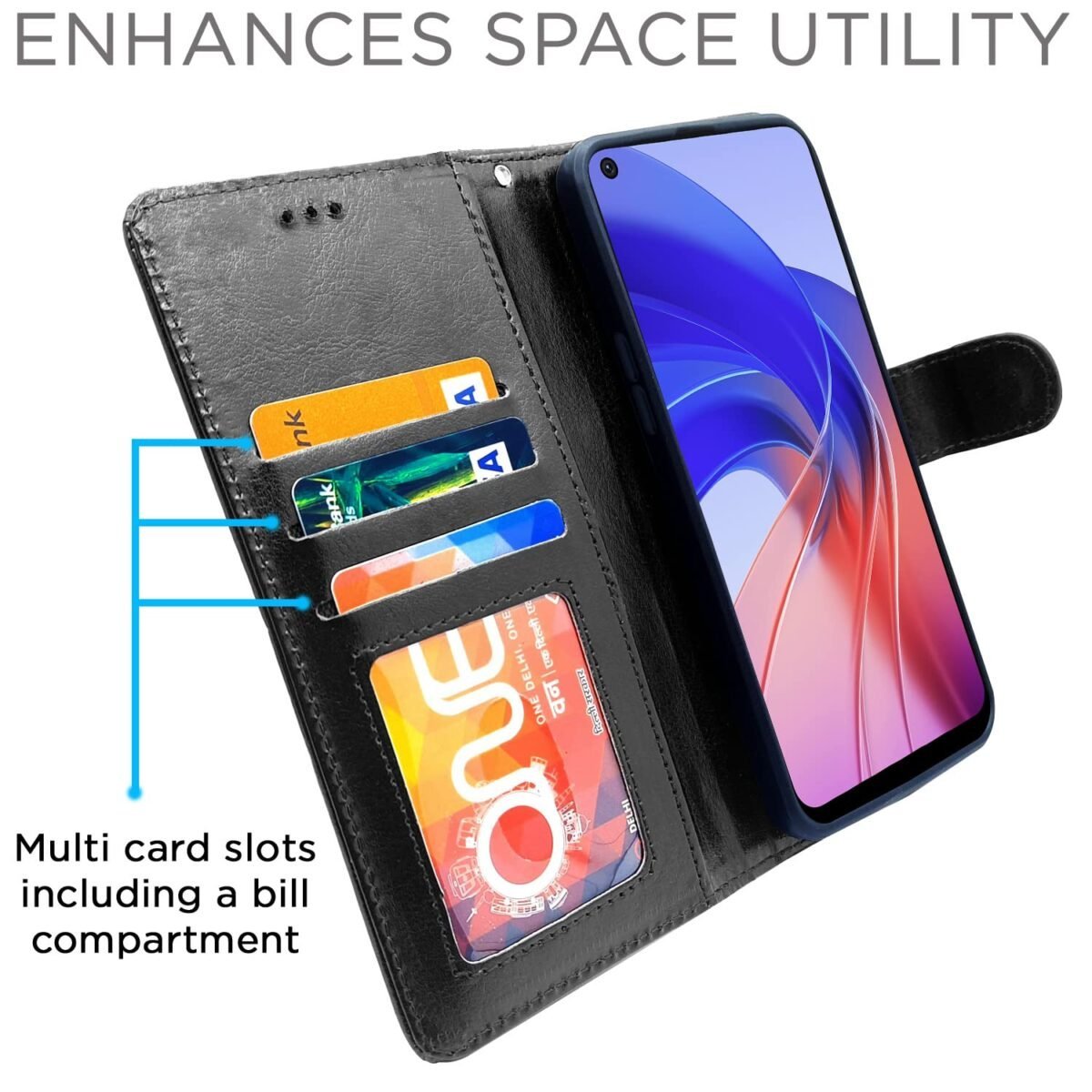 Oppo A55 Flip Case Leather Finish | Inside TPU with Card Pockets | Wallet Stand and Shock Proof | Magnetic Closing | Complete Protection Flip Cover (Black)