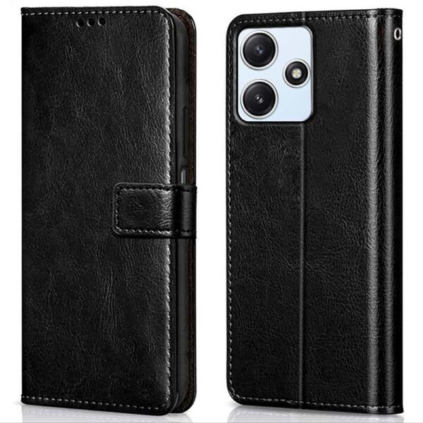 Shock Proof Flip Cover Back Case Cover for Mi Redmi 12 5G | Redmi 12 4G | Poco M6 Pro 5G (Flexible | Leather Finish | Card Pockets Wallet & Stand | Black)