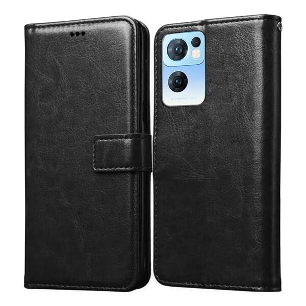 Premium Leather Kickstand Wallet Flip Case Cover with Magnetic Closure for Oppo Reno7 5G - Black