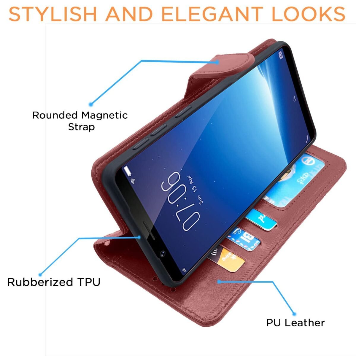 Vivo Y71 Flip Case Leather Finish | Inside TPU with Card Pockets | Wallet Stand and Shock Proof | Magnetic Closing | Complete Protection Flip Cover for Vivo Y71 (Brown)