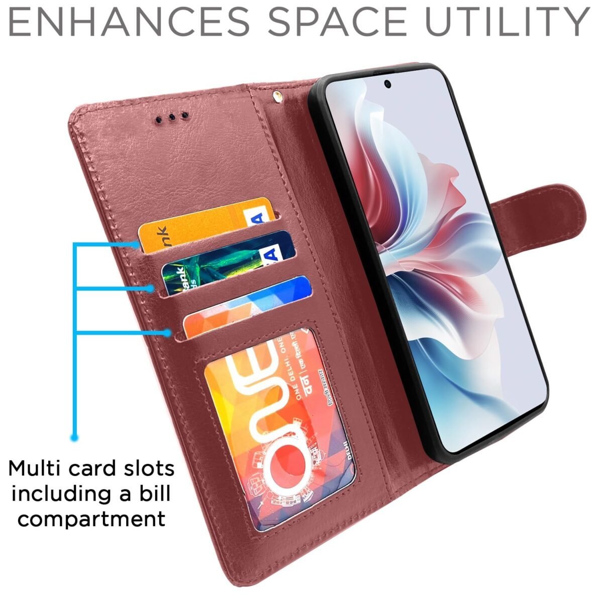 Oppo F25 Pro 5G Flip Cover Leather Finish | Inside TPU with Card Pockets | Wallet Stand and Shock Proof | Complete Protection Flip Case (Brown)