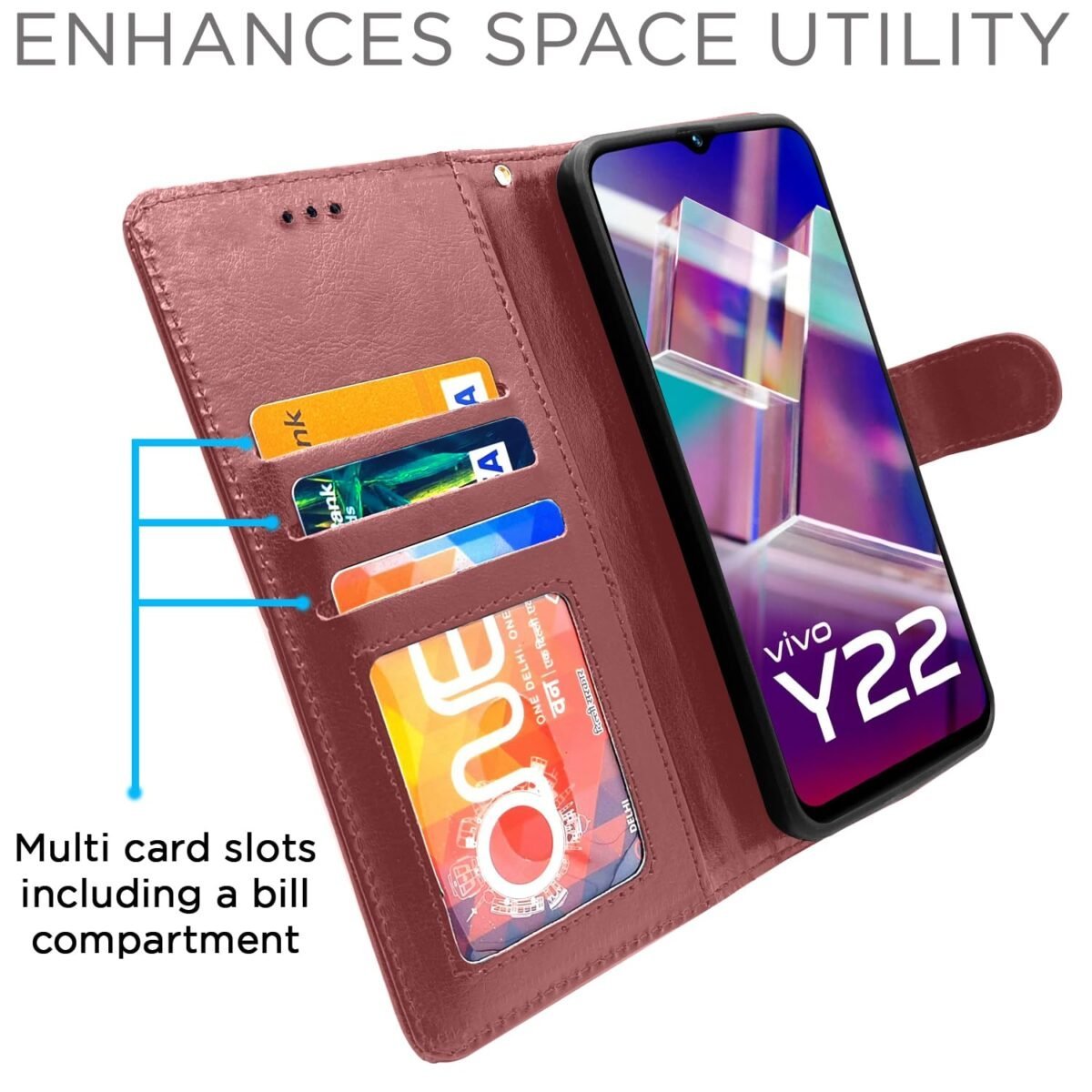 Vivo Y22 Flip Case Leather Finish | Inside TPU with Card Pockets | Wallet Stand and Shock Proof | Magnetic Closing | Complete Protection Flip Cover for Vivo Y22 (Brown)