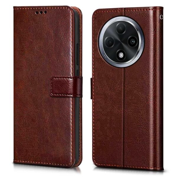 Shock Proof Flip Cover Back Case Cover for Oppo F27 Pro Plus 5G (Flexible | Leather Finish | Card Pockets Wallet & Stand | Chestnut Brown)