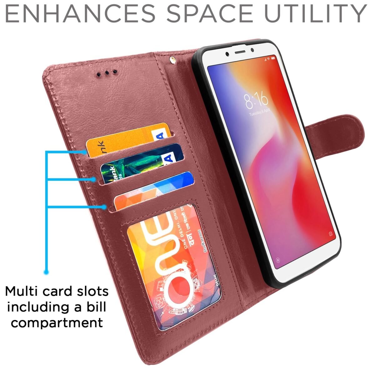 Redmi 6 Flip Cover Leather Finish | Inside TPU with Card Pockets | Wallet Stand and Shock Proof | Complete Protection Flip Case (Brown)