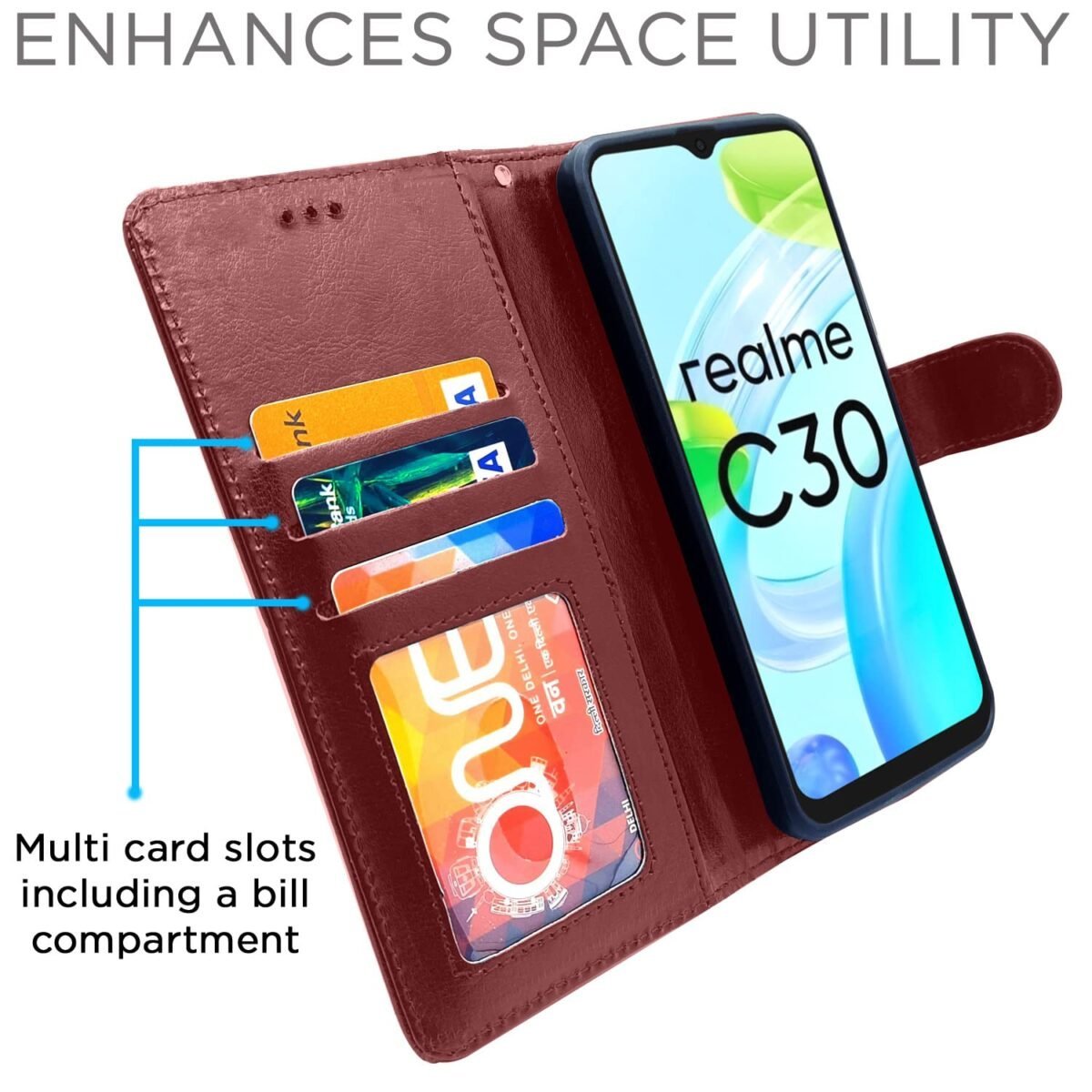 Realme C30 / Narzo 50i Prime Flip Case Leather Finish | Inside TPU with Card Pockets | Wallet Stand and Shock Proof | Magnetic Closing | Complete Protection Flip Cover (Brown)