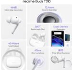 Realme Buds T310 Truly Wireless in-Ear Earbuds with 46dB Hybrid ANC, 360° Spatial Audio, 12.4mm Dynamic Bass Driver, Upto 40Hrs Battery and Fast Charging (White)