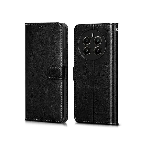 Flip Cover Back Case Cover for Realme Narzo 70 | Realme Narzo 70 Pro | Realme 12 Plus | P1 5G (Flexible | Leather Finish | Card Pockets Wallet & Stand (Black)