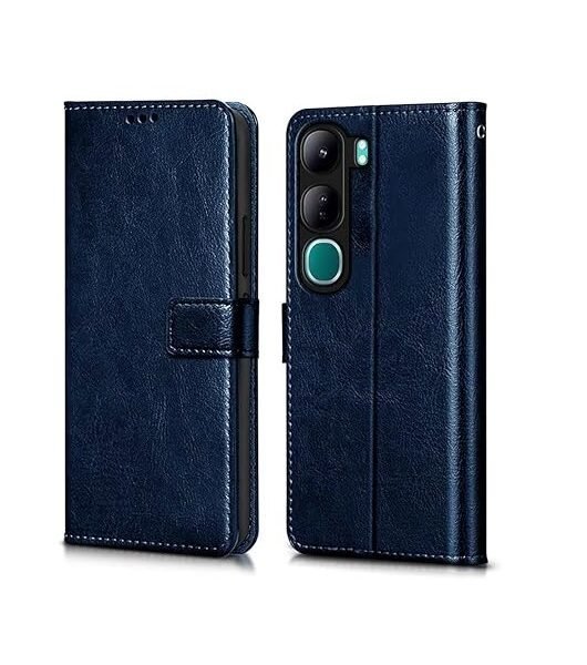 Flip Cover Back Case Cover for Vivo Y300 5G | Flexible | Leather Finish | Card Pockets Wallet & Stand (Blue)