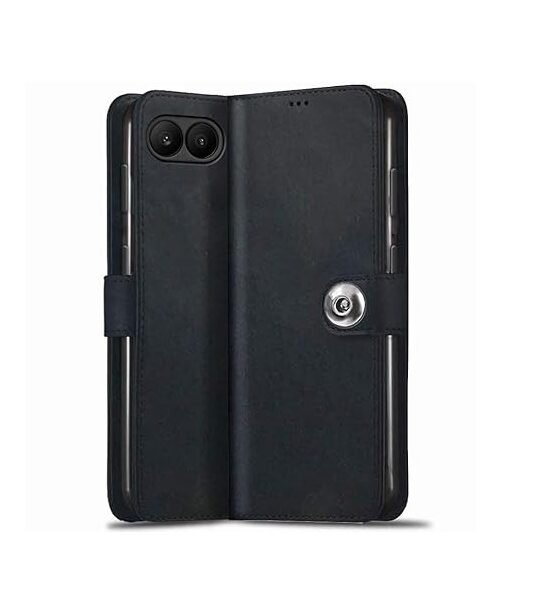 Leather Finish Flip Back Cover Case for OnePlus Nord 4 5G | Inbuilt Pockets & Stand | Wallet Style | Designer Button (Flip Black)