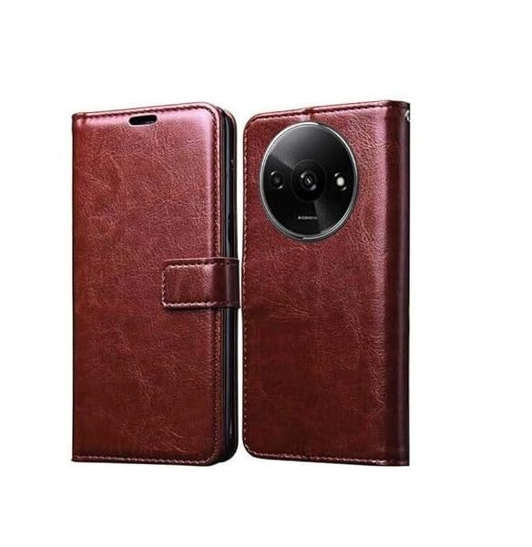 Flip Case Back Cover for Poco C61 5G | Leather Finish & Magnetic Stand with Card Holder | Shockproof (Flip Brown)