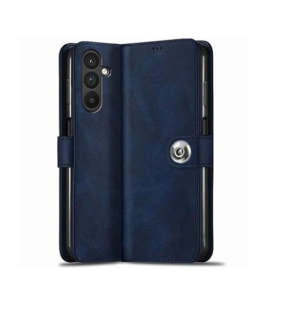 Flip Cover Back Case for Samsung Galaxy M35 5G | Genuine Leather Finish | Designer Button | Inbuilt Pockets & Stand (Flip, Blue)