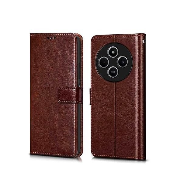 Flip Cover Back Case Cover for Redmi A4 5G | Poco C75 5G | Redmi 14C 5G | Flexible | Leather Finish | Card Pockets Wallet & Stand (Brown)